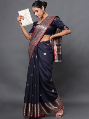 Endues Woven Banarasi Silk Blend, Cotton Blend Saree(Dark Blue)