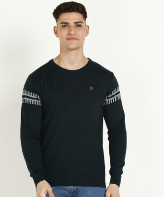 Raymond Self Design Round Neck Casual Men Dark Green Sweater