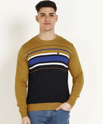 Raymond Striped Round Neck Casual Men Yellow Sweater