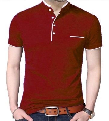Style Pitara Solid Men Mandarin Collar Red T-Shirt