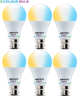 AMYSTY 9 W Basic Round B22 LED Bulb(Green, Blue, Purple, Pack of 6)