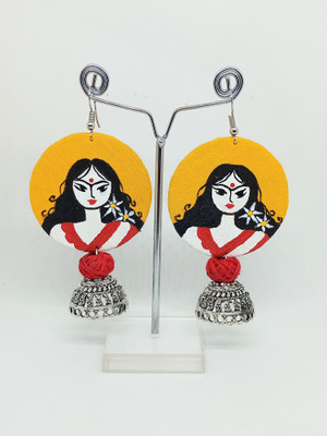 Aara AARA YELLOW MADHUBANI EARRING WITH JHUMKA. Fabric Drops & Danglers