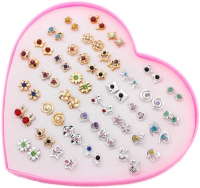 DIVINE 36 Pair Silver & Golden Mix Design Earring Stud Set with Heart Box. Alloy Stud Earring