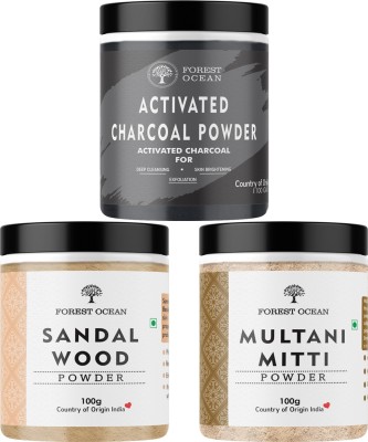 FOREST OCEAN Sandalwood Powder, Multani Mitti Powder & Activated Charcoal Powder Combo Pack For Hair Care, Face Care & Skin Care - (100g Each - Pack of 3)(300 g)