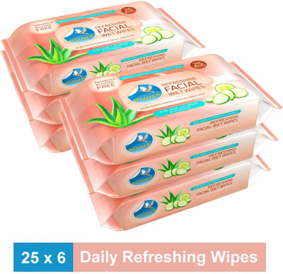 GLIDER Facial Wipes Enriched with Aloe Vera,Cucumber & Vitamin E |Pack of 6 |(150 Tissues)
