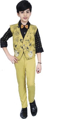 Fashion 4 Ever Boys Festive & Party Shirt, Waistcoat and Pant Set(Yellow Pack of 1)