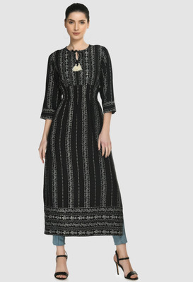 Blushia Women Printed Straight Kurta(Black)