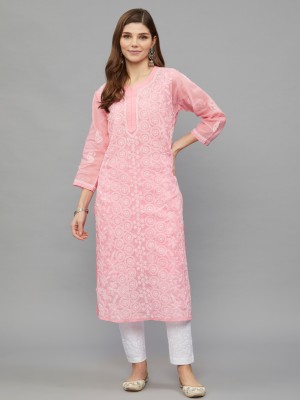 Ethnava Women Chikan Embroidery Straight Kurta(Pink)