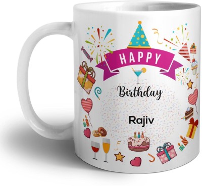 ARTBUG Happy Birthday Cup Gift for Son, Brother, Boyfriend, Husband, Name -Rajiv Ceramic Coffee Mug(350 ml)