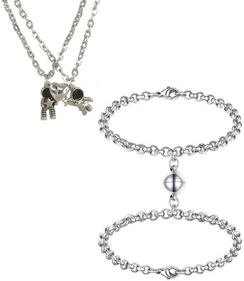 KOOKSAPOOT Magnetic Round Ball Shape Bracelets And Broken Heart Astronaut Pendant Locket Silver Stainless Steel Pendant Set