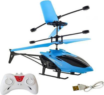 AS TRADERS Kids Plastic Induction Type 2-in-1 Flying Indoor Helicopter with Remote(Blue)