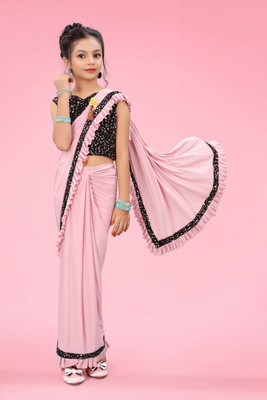 JJ FASHION Embellished, Solid/Plain Bollywood Lycra Blend Saree(Pink)