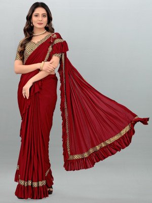 HARIOM FASHION Solid/Plain Bollywood Lycra Blend Saree(Maroon)