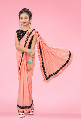 JJ FASHION Embellished, Solid/Plain Bollywood Lycra Blend Saree(Orange)