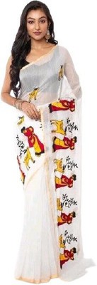 Bakshi Telecom Printed Handloom Cotton Silk Saree(White)