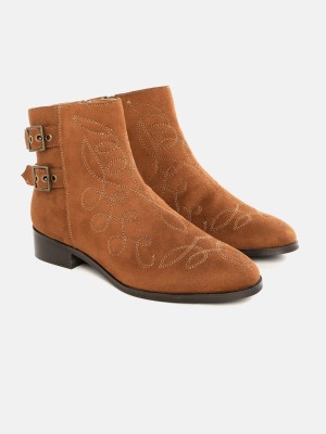 CORSICA CORSICA Women Brown Suede Finish Embroidered Mid-Top Flat Boots Boots For Women(Brown)