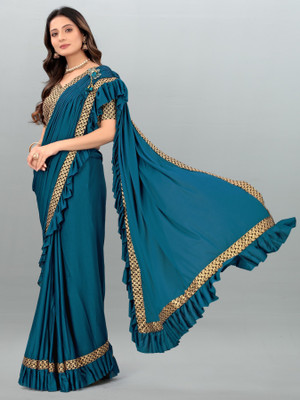 HARIOM FASHION Solid/Plain Bollywood Lycra Blend Saree(Green)