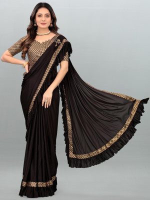 HARIOM FASHION Solid/Plain Bollywood Lycra Blend Saree(Black)