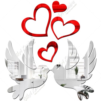 Mirror Sticker 50 cm love bird silver with love heart red 1set 3d wall stickers Self Adhesive Sticker(Pack of 1)