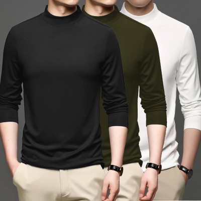 LIME Solid Men High Neck Dark Green, White, Black T-Shirt