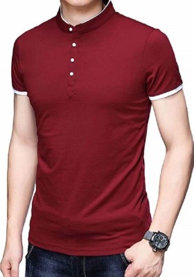 Six Star Solid Men Mandarin Collar Maroon T-Shirt