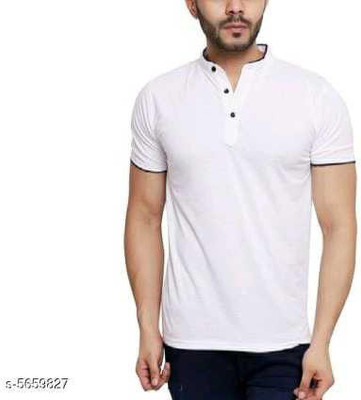 Six Star Solid Men Mandarin Collar White T-Shirt
