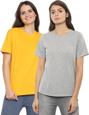 YouthPoi Solid Women Round Neck Grey, Yellow T-Shirt