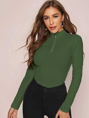 ASRK fashion Casual Solid Women Green Top