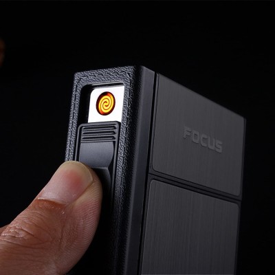 play run ™ FOCUS Cigarette Case Box Lighter with 20 pcs Cigarette Holder Case Premium Quality Golden Color USB Cable, Cigarette Lighter(Black)
