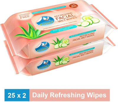GLIDER Facial Wipes Enriched with Aloe Vera ,Cucumber & Vitamin E |Pack of 2 | 50 Wipes(2 Wipes)