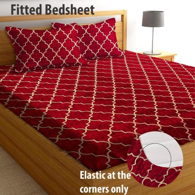 AEROHAVEN 180 TC Microfiber Double Geometric Fitted (Elastic) Bedsheet(Pack of 1, Red)