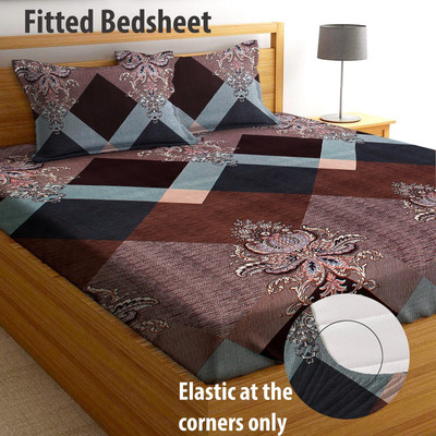 AEROHAVEN 180 TC Microfiber Double Geometric Fitted (Elastic) Bedsheet(Pack of 1, Brown)