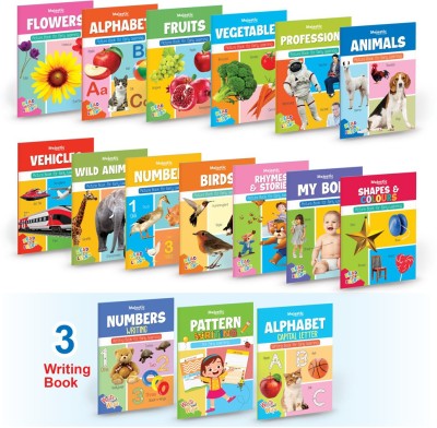 Picture Book Collections for Early Learning (Set of 16 books ) - abc book , flowers , fruits , vegetable , profession , animal , vehicle , wild animal , numbers , birds , rhymes & story , my body , shapes & colours , number writing book , pattern writing book and alphabet writing book  - Preschool, 