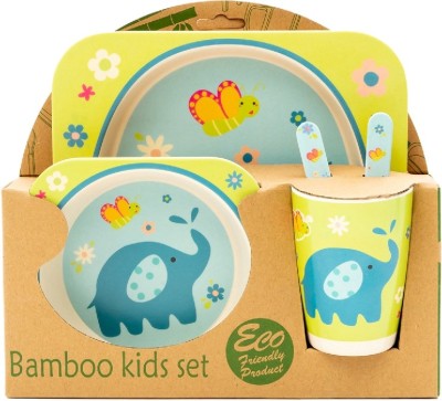 EZ Life Pack of 5 Bamboo Kids Meal Set - Easy Elephant-Plate - Bowl - Spoon - Fork and Cup - Multicolour Dinner Set(Multicolor, Microwave Safe)