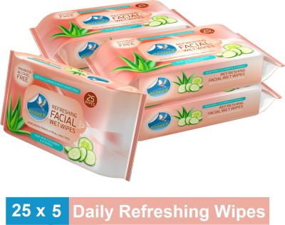 GLIDER Facial Wipes Enriched with Aloe Vera,Cucumber & Vitamin E |Pack of 5 | 125 Wipes(125 Tissues)