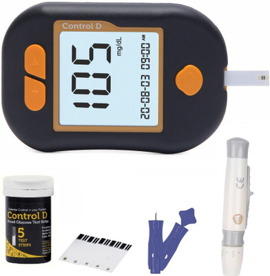 Control D Advanced Diabetes Digital Glucose Blood Sugar Testing Monitor with 5 Strips Glucometer(Black, Orange)