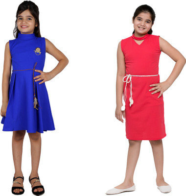 TINY TOON Girls Midi/Knee Length Casual Dress(Multicolor, Sleeveless)