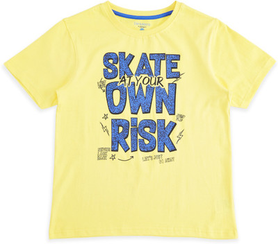 Pantaloons Junior Boys Typography, Printed Pure Cotton Regular T Shirt(Yellow, Pack of 1)