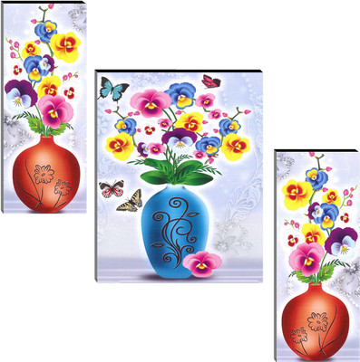 Indianara Set of 3 Flowers in Vases MDF Art Painting (4140FL) without glass Digital Reprint 18 inch x 12 inch Painting(With Frame, Pack of 3)