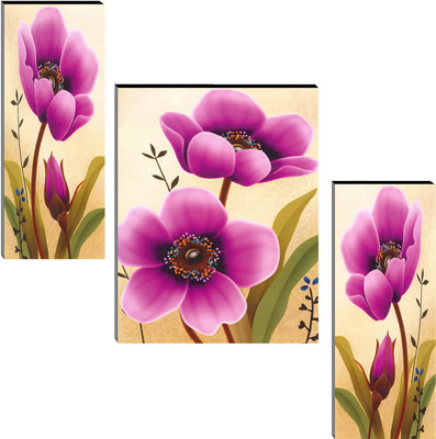 Indianara Set of 3 Flowers MDF Art Painting (4139FL) without glass Digital Reprint 18.1 inch x 12.1 inch Painting(With Frame, Pack of 3)