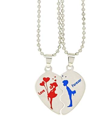 2pcs Love forever Couple Heart pendent Locket With Chain for Valentine&#x27;s Day Rhodium Stainless Steel Pendant