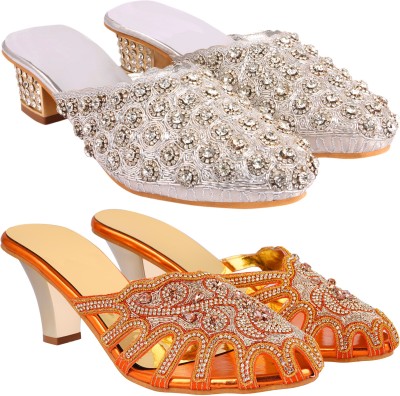 Zionk Women Heels(Gold, Orange, Silver , 10)