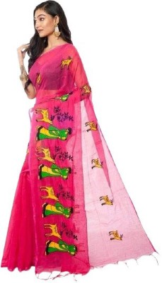 Bakshi Telecom Embroidered Handloom Cotton Silk Saree(Pink)