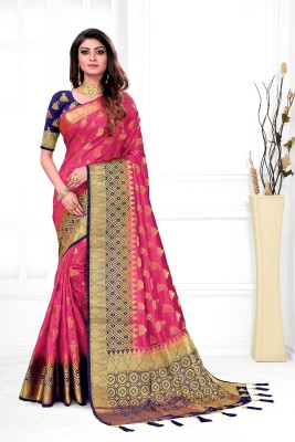 KanjiQueen Woven Kanjivaram Silk Blend Saree(Blue, Pink)