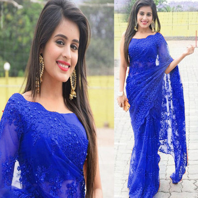 KanjiQueen Embellished Bollywood Net Saree(Blue)