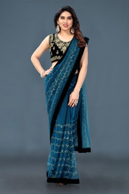 Ashiya Fab Embroidered Bollywood Net Saree(Blue)