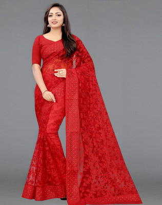 SILK SAREE HUB Embroidered Bollywood Net Saree(Red)