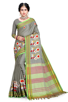 jayant creation Embroidered Banarasi Cotton Silk Saree(Silver, Green)