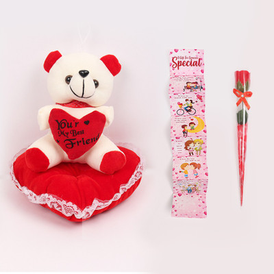 Kiddie Castle Teddy on Heart With Greeting Card and Rose  - 24 cm(Multicolor)