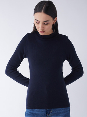 Knitco Solid Round Neck Casual Women Dark Blue Sweater